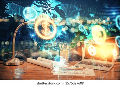 Financial chart drawing and table with computer on background. Multi exposure. Concept of international markets.