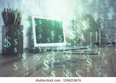 Financial chart drawing and table with computer on background. Double exposure. Concept of international markets.