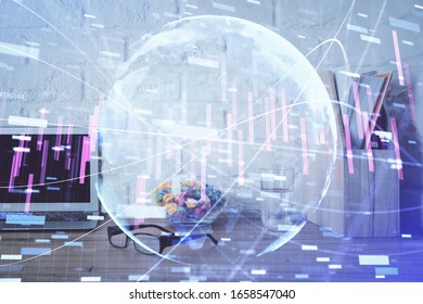 Financial chart drawing and table with computer on background. Double exposure. Concept of international markets.