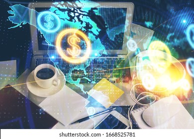 Financial chart drawing and table with computer on background. Double exposure. Concept of international markets.