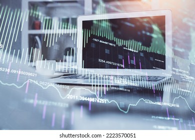 Financial chart drawing and table with computer on background. Double exposure. Concept of international markets. - Shutterstock ID 2223570051