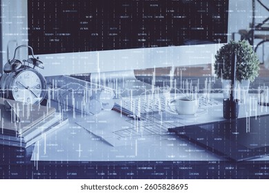 Financial chart drawing and table with computer on background. Multi exposure. Concept of international markets.