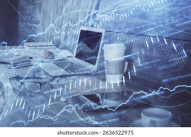 Financial chart drawing and table with computer on background. Double exposure. Concept of international markets.