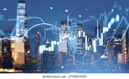 Financial chart elements with glowing lines and candlesticks over New York City skyline at dusk, representing market trends, forex, crypto, and investment concept