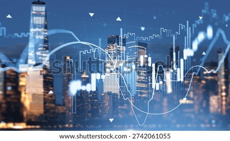 Financial chart elements with glowing lines and candlesticks over New York City skyline at dusk, representing market trends, forex, crypto, and investment concept