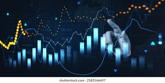 Financial chart with glowing bars, lines, and data points, hand interacting with holographic interface on dark background. Concept of market analysis