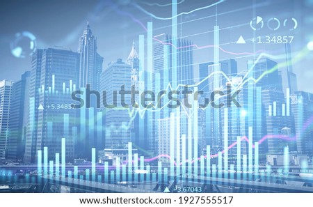 Financial charts over New York panoramic city view. The concept of international business and consulting. Double Exposure.