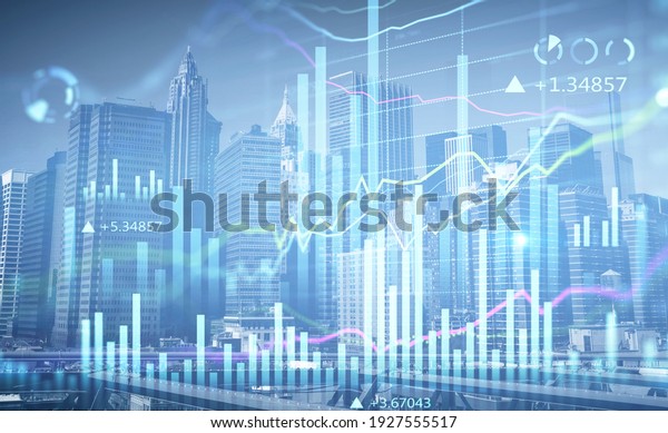 Financial charts over New York panoramic city\
view. The concept of international business and consulting. Double\
Exposure.
