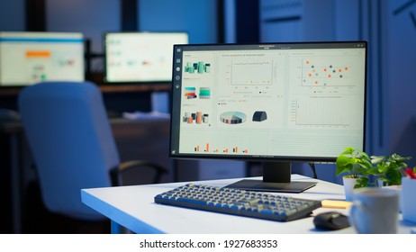 Financial company with nobody in it, place of work startup, workplace indoors concept. Interior of empty start up business office with modern design during night with graphics running on the desktop. - Shutterstock ID 1927683353