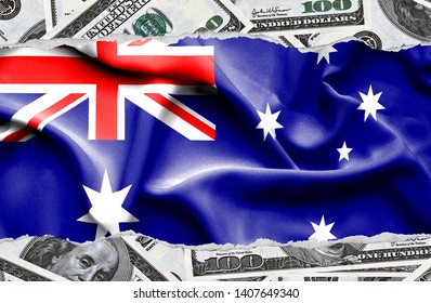 Financial Concept With Banknotes Of US Currency Around National Flag Of Australia