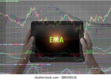 Financial Concept . Exponential Moving Average" EMA" words in green color on hands and technical bar chart  background. - Powered by Shutterstock