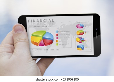 Financial Concept: Hand Holding A 3d Generated Smartphone With Financial App On The Screen