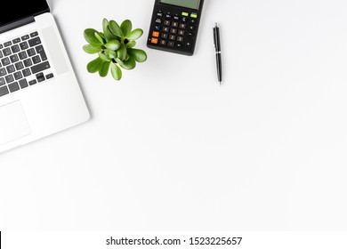 Financial Concept With Laptop, Calculator, Pen And Small Plant On White Background. Office Desktop