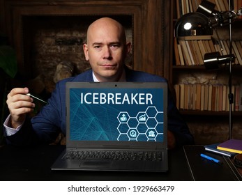 Financial Concept Meaning ICEBREAKER With Inscription On The Laptop. An Activity Or Game Designed To Welcome Attendees And Warm Up The Conversation Among Participants In A Meeting Or Training Class
