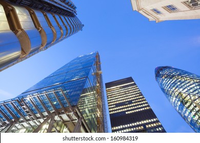 Financial Corporate Building Skyscrapers In The Canary Wharf At Night , City Of London 