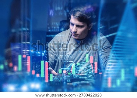 Financial data analyst studies digital market charts on computer screen. Stock trading analysis, investment research, fintech technology, economic forecasting, data visualization.