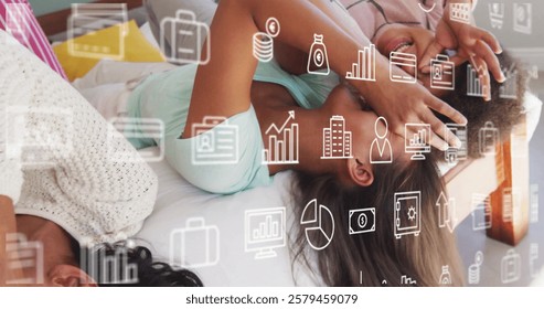 Financial data and analytics image over stressed couple lying on bed. Finance, bedroom, technology, economy, statistics, crisis - Powered by Shutterstock - Get 15% off with code: PIKWIZARD15