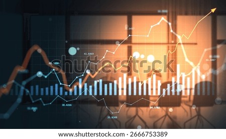 Financial data chart with currency, forex, and stock market index lines overlayed on office background, representing economy and investment growth