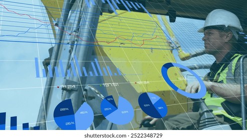 Financial data charts and graphs image over construction worker operating machinery. Finance, operation, overlay, technology, industry, analysis - Powered by Shutterstock