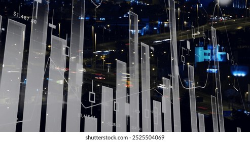 Financial data charts and graphs image over cityscape at night. Finance, stock market, economy, analytics, growth, business