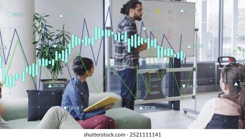 Financial data charts image over diverse team in office meeting. Business, finance, teamwork, data analysis, collaboration, success - Powered by Shutterstock