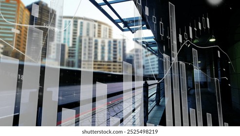 Financial data charts image over urban cityscape background. Finance, technology, analytics, business, economy, futuristic