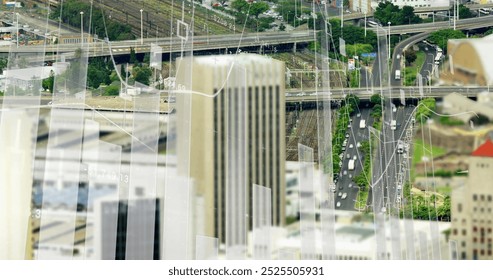 Financial data charts image over urban cityscape with roads and buildings. Finance, skyline, economy, statistics, analysis, business