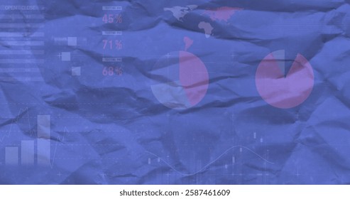 Financial data charts and world map image over crumpled blue paper background. Finance, economy, business, data analysis, global, investments