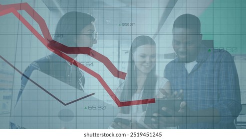 Financial data and declining graph image over diverse people using electronic devices. Finance, technology, business, analysis, statistics, smartphone - Powered by Shutterstock - Get 15% off with code: PIKWIZARD15