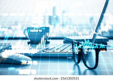 Financial data graphs overlaying a desk with keyboard, glasses, and cup on a bright blurred background. Concept of trading and economy - Powered by Shutterstock