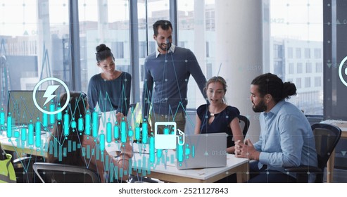 Financial data and healthcare image over business team discussing in office. teamwork, discussion, technology, analytics, presentation, strategy - Powered by Shutterstock