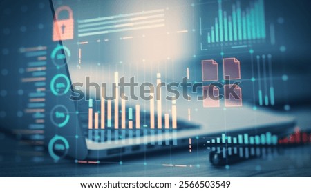 Financial data interface with graphs, charts, and file icons overlaying a laptop on a desk, representing fintech concepts and analytics