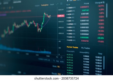 Financial data on a monitor which including of Market Analyze. Bar graphs, Diagrams, financial figures. Abstract glowing forex chart interface wallpaper. Investment, trade, stock, finance