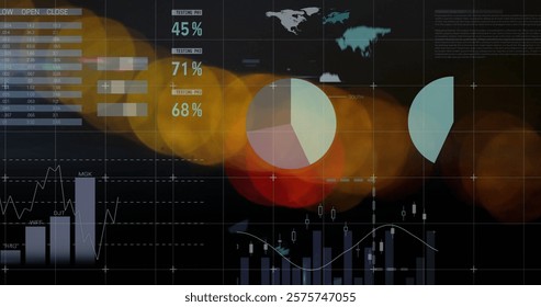 Financial data and pie chart image over blurred lights and graphs. Finance, data analysis, business, statistics, economy, investment