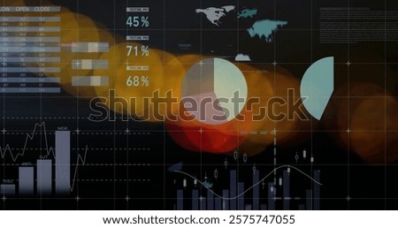 Financial data and pie chart image over blurred lights and graphs. Finance, data analysis, business, statistics, economy, investment
