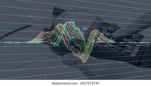Financial data processing against close up of person's hand using a card machine. Digital payment technology concept