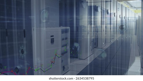 Financial data processing against empty computer server room. Business and cloud data storage technology concept