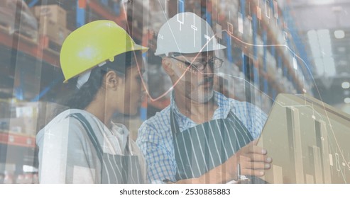 Financial data processing against male and female diverse workers working at warehouse. logistics and transportation business concept - Powered by Shutterstock