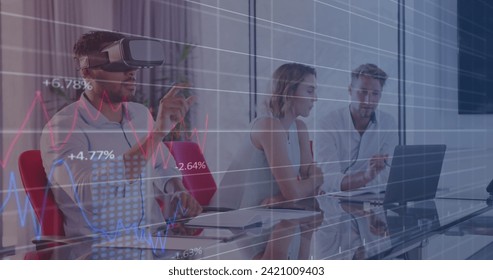 Financial data processing against man wearing vr headset at office. global business and finance concept