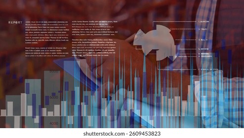 Financial data processing against mid section of man taking notes on clipboard. global finance and business concept