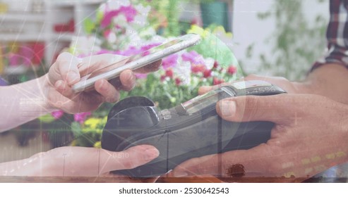 Financial data processing binary coding over earth and wind turbine. the global environment and finance concept are digitally generated image. the hand of customer making payment through smartphone. - Powered by Shutterstock