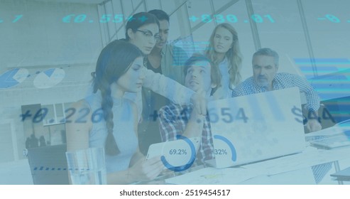 Financial data processing image over diverse business team collaborating in office. teamwork, collaboration, finance, corporate, analysis, statistics - Powered by Shutterstock