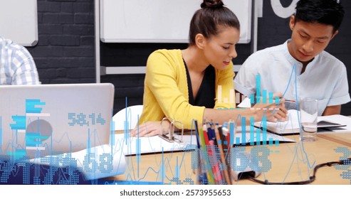 Financial data processing image over people working in office. Business, finance, technology, teamwork, collaboration, corporate