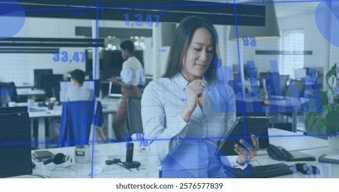 Financial data processing image over diverse business people working in office. finance, analysis, technology, teamwork, diversity, collaboration - Powered by Shutterstock - Get 15% off with code: PIKWIZARD15
