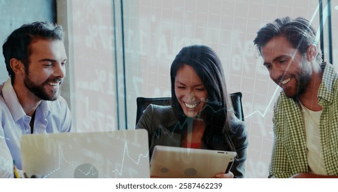 Financial data processing image over diverse business people in office. Finance, teamwork, analytics, digital, technology, collaboration