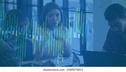 Financial data processing image over diverse business people in office. Finance, data analysis, collaboration, diversity, teamwork, technology