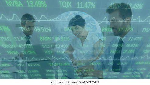 Financial data processing image over diverse business people working in office. teamwork, data analytics, finance, collaboration, diversity, corporate