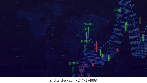 Financial data processing and network of connections over world map against blue background. Global finance and networking technology concept