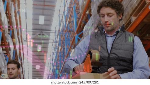 Financial data processing over caucasian male worker packing a delivery box at the warehouse. Global finance and logistics business concept - Powered by Shutterstock