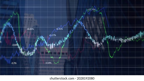 Financial data processing over grid network against tall buildings in background. global finance and business concept